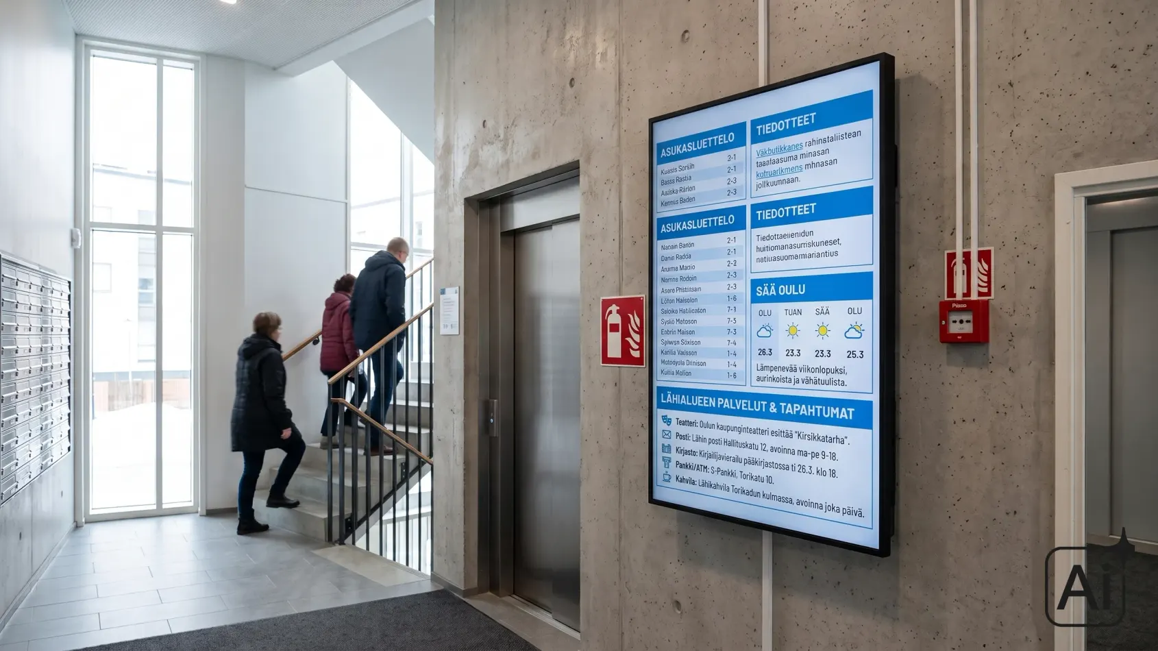 Taloyhtiön aulan infonäyttö asukasluettelolla ja tiedotteilla