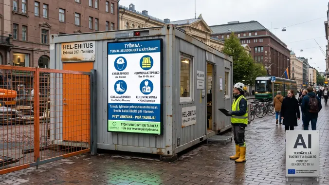 Työmaan infonäyttö konttorikontin seinässä