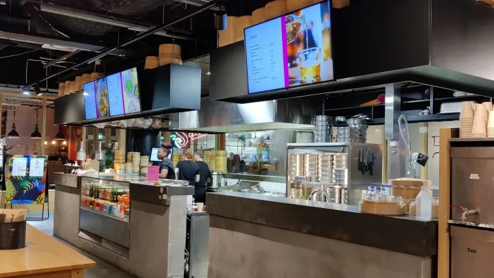 Menu screens in a restaurant chain.
