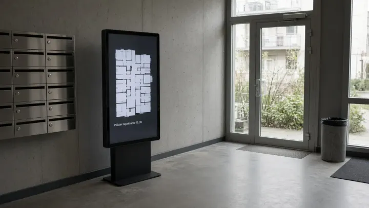 Lobby wayfinding screen with a map and the day’s event.