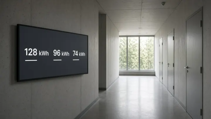 Energy figures on a corridor screen.