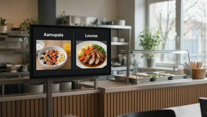 Breakfast and lunch on a restaurant screen.