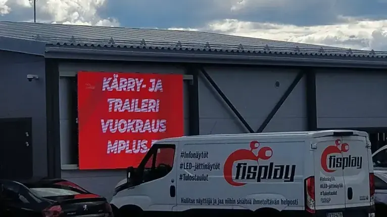 LED screen in the yard of an Mplus service station.